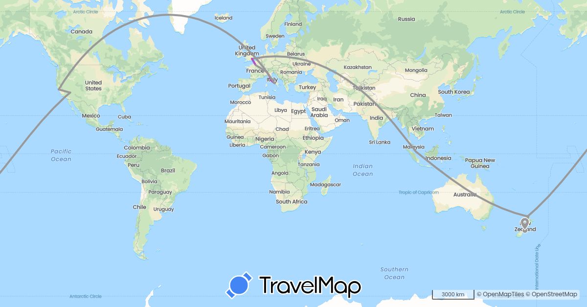 TravelMap itinerary: driving, plane, train in France, United Kingdom, Italy, New Zealand, Singapore, United States (Asia, Europe, North America, Oceania)